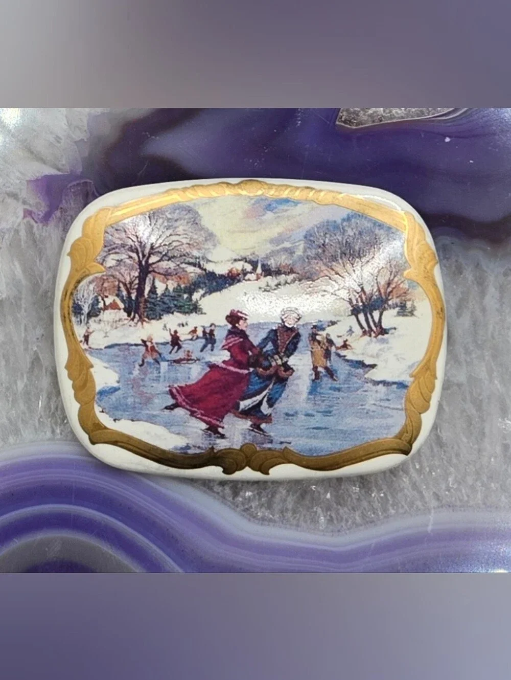 Winter Scene Porcelain Brooch Courier & Ives Image w/ 24kt Gold Trim